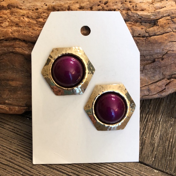 Vintage Hammered Brass Hexagon Earrings with Purple Center - Picture 14 of 14